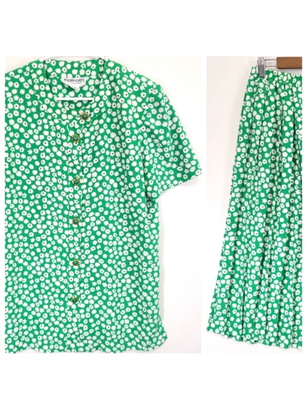 VINTAGE Andrea Gayle Green Daisy Print Button-Up Top and Skirt Set